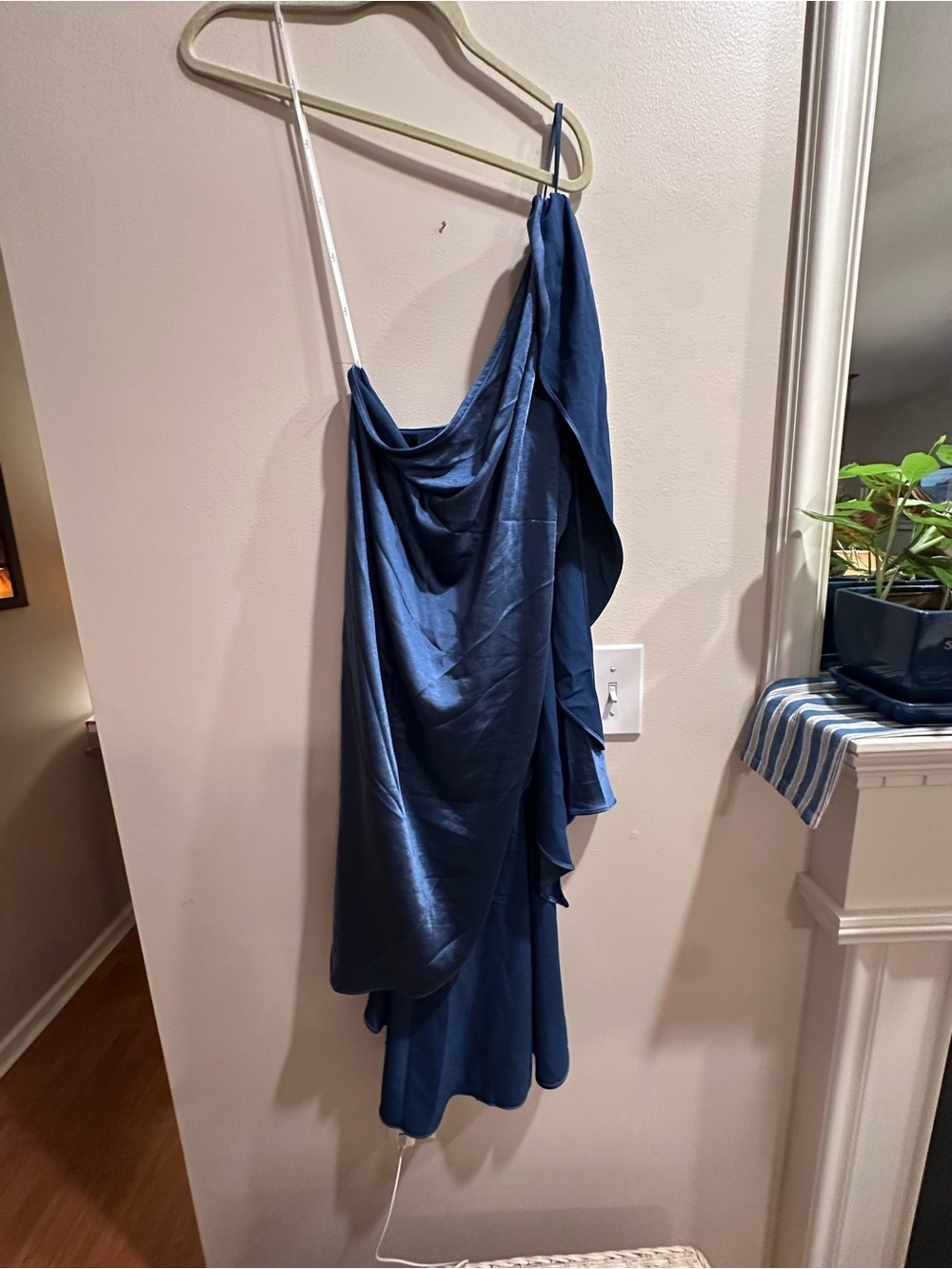 Lulu's Midnight Blue Satin One-Shoulder Slip Dress